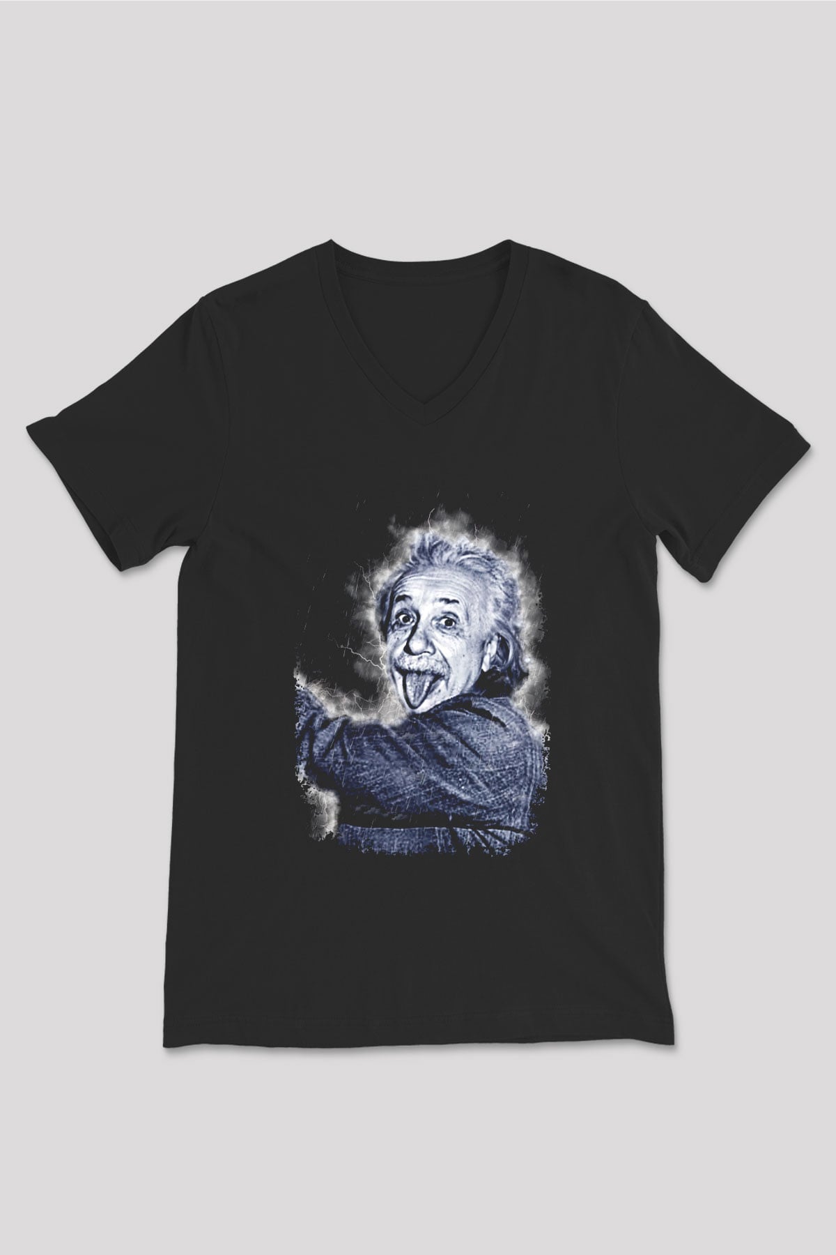 Albert Einstein Dil Çıkaran Portre Baskılı Unisex V Yaka Siyah Tİşört - Tshirt