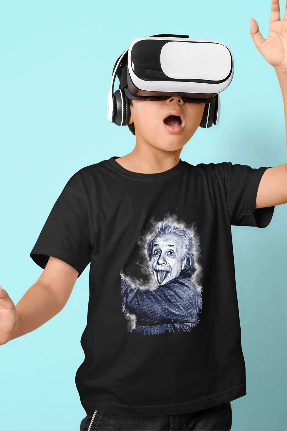 Albert Einstein Dil Çıkaran Portre Baskılı Unisex Siyah Çocuk Tişörtü - Tshirt