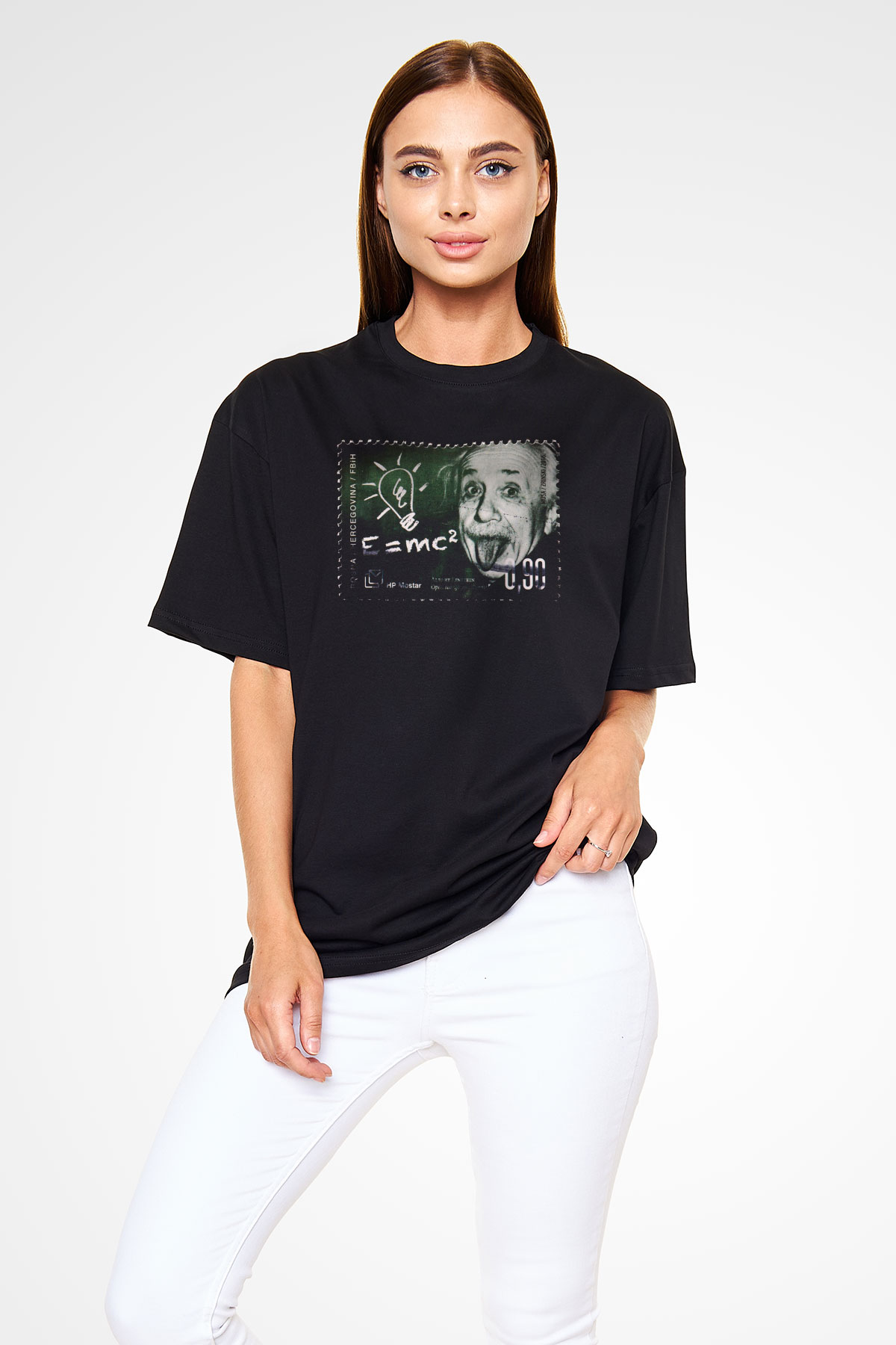 Albert Einstein Enerji Formülü Baskılı Unisex Siyah Oversize Tişört