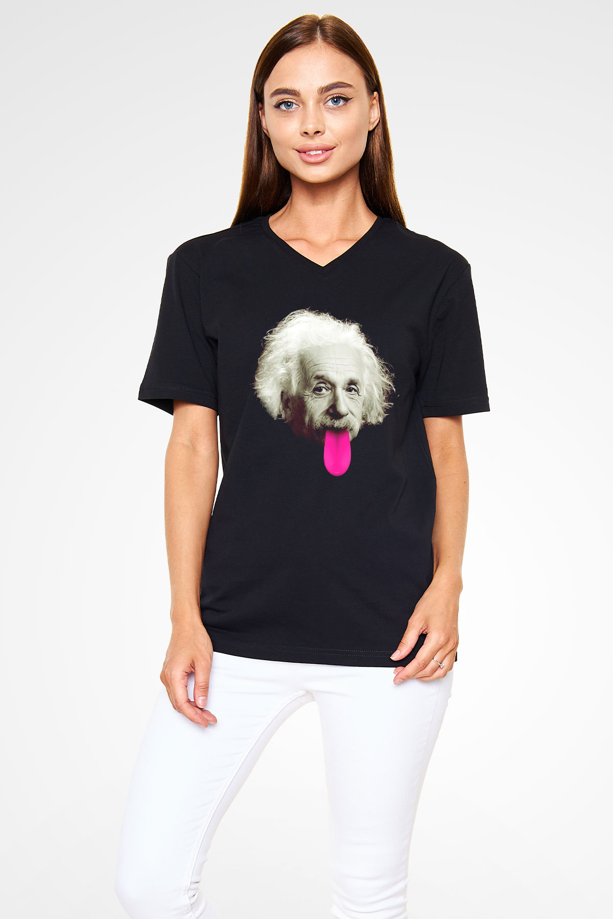 Albert Einstein Pembe Dil Baskılı Unisex Siyah V Yaka Tişört