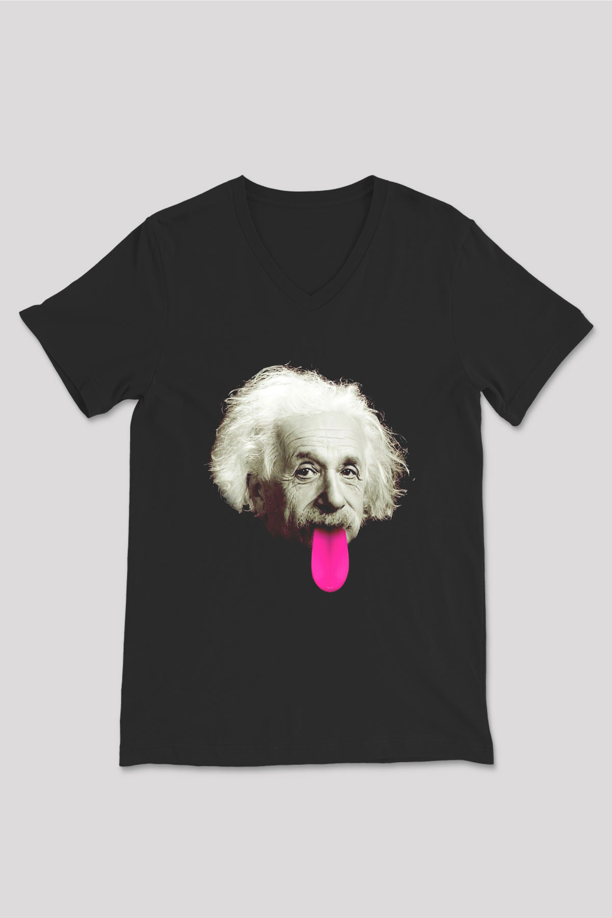 Albert Einstein Pembe Dil Baskılı Unisex Siyah V Yaka Tişört