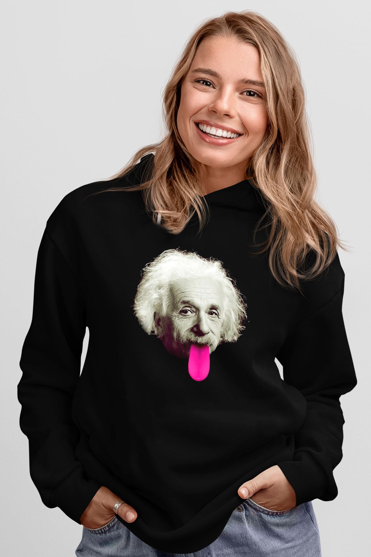 Albert Einstein Pembe Dil Baskılı Unisex Siyah Hoodie
