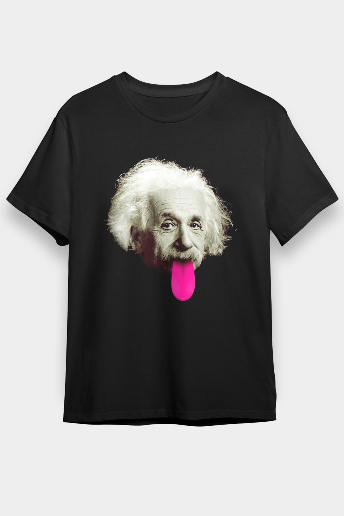 Albert Einstein Pembe Dil Baskılı Unisex Siyah Tişört
