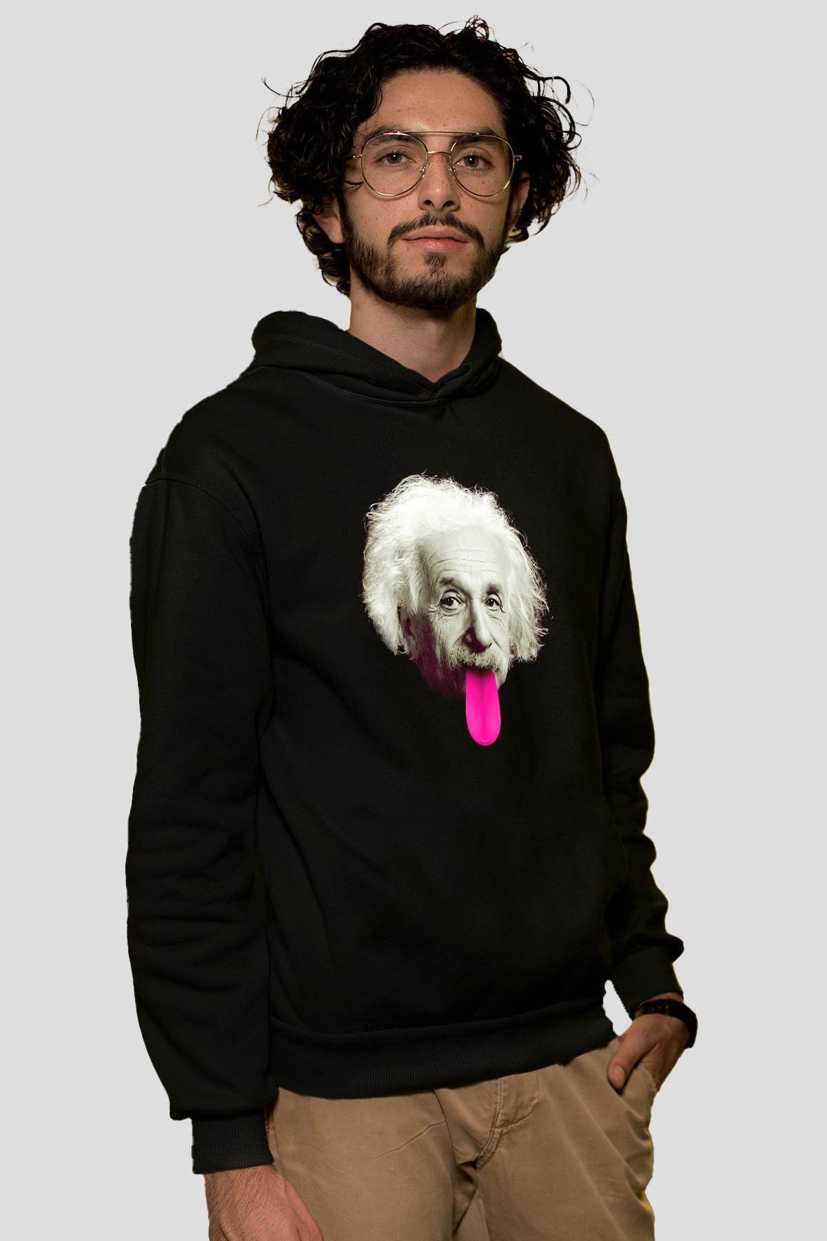 Albert Einstein Pembe Dil Baskılı Unisex Siyah Hoodie