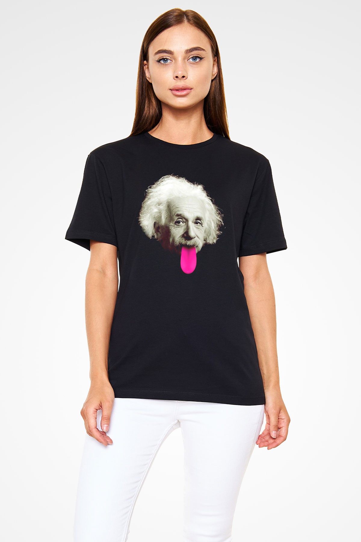 Albert Einstein Pembe Dil Baskılı Unisex Siyah Tişört