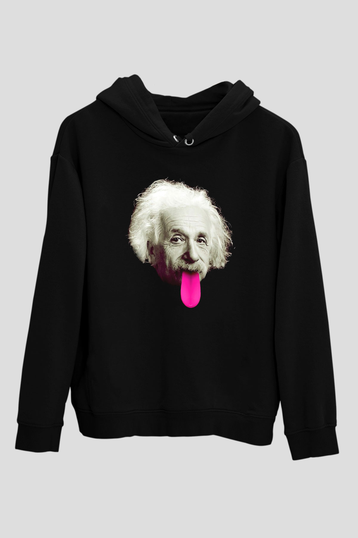 Albert Einstein Pembe Dil Baskılı Unisex Siyah Hoodie