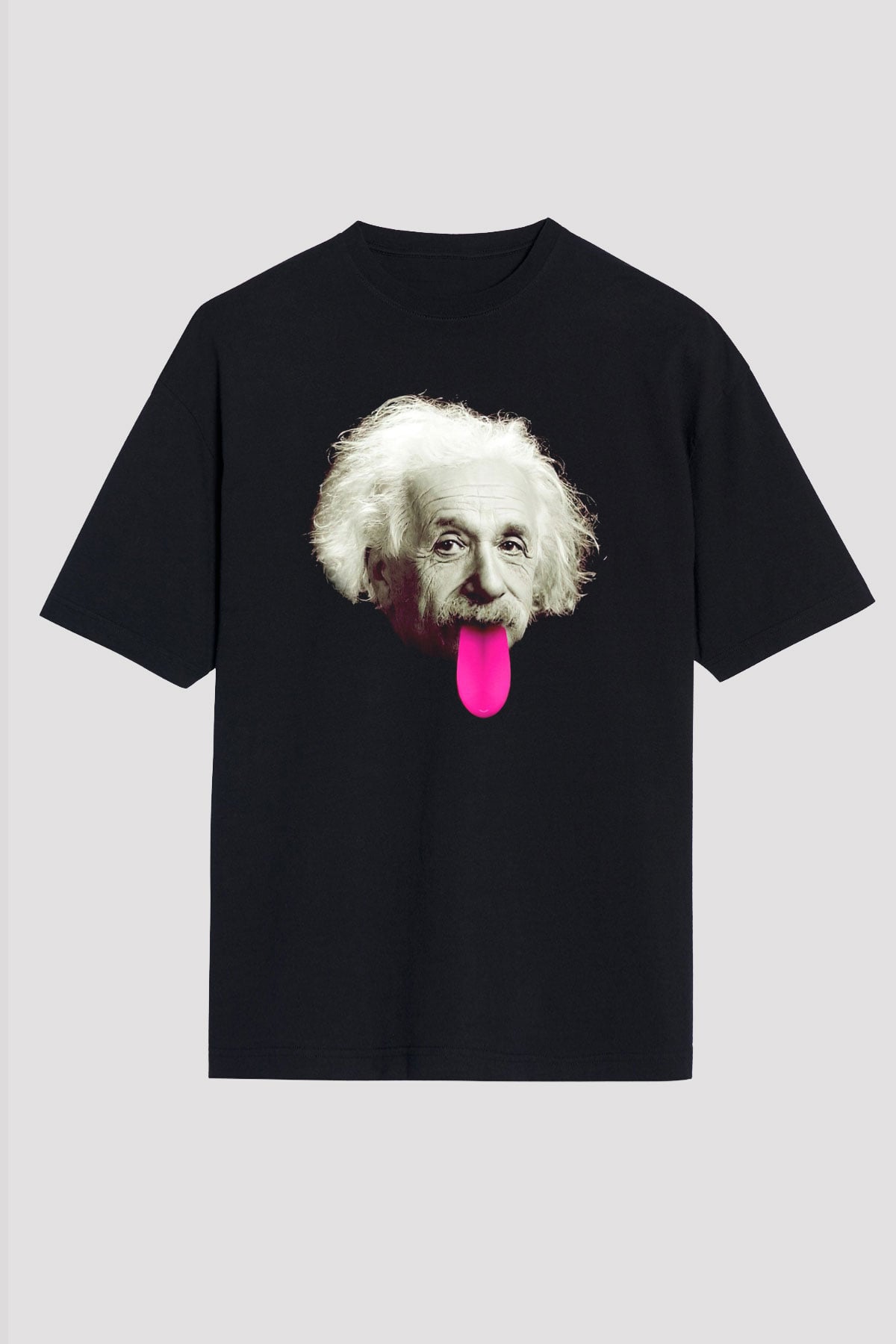 Albert Einstein Pembe Dil Baskılı Unisex Siyah Oversize Tişört