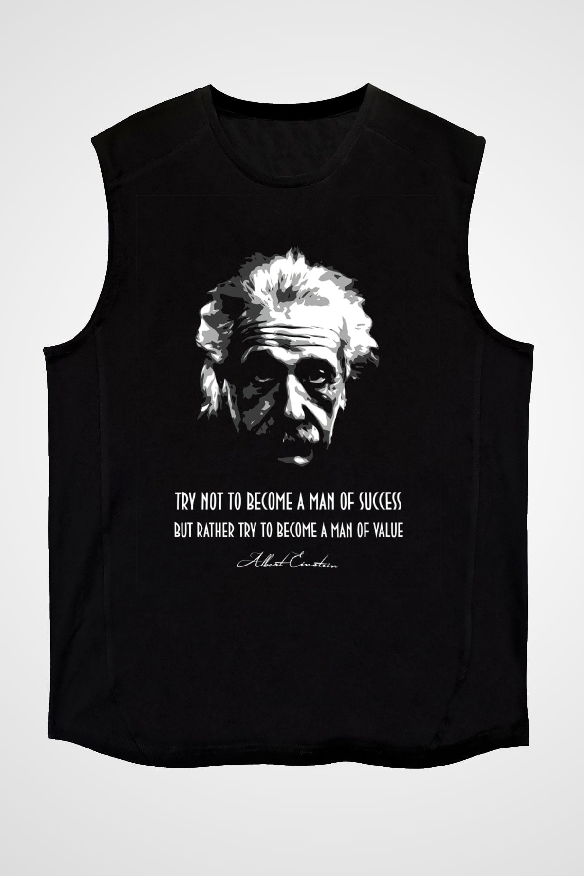 Albert Einstein Portre Lıntı Baskılı Unisex Kolsuz Siyah Tişört - Tshirt