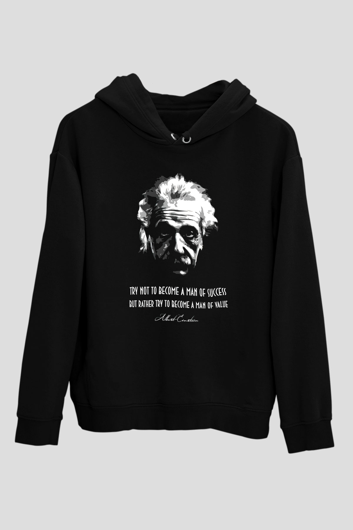 Albert Einstein Portre Lıntı Baskılı Unisex Siyah Hoodie