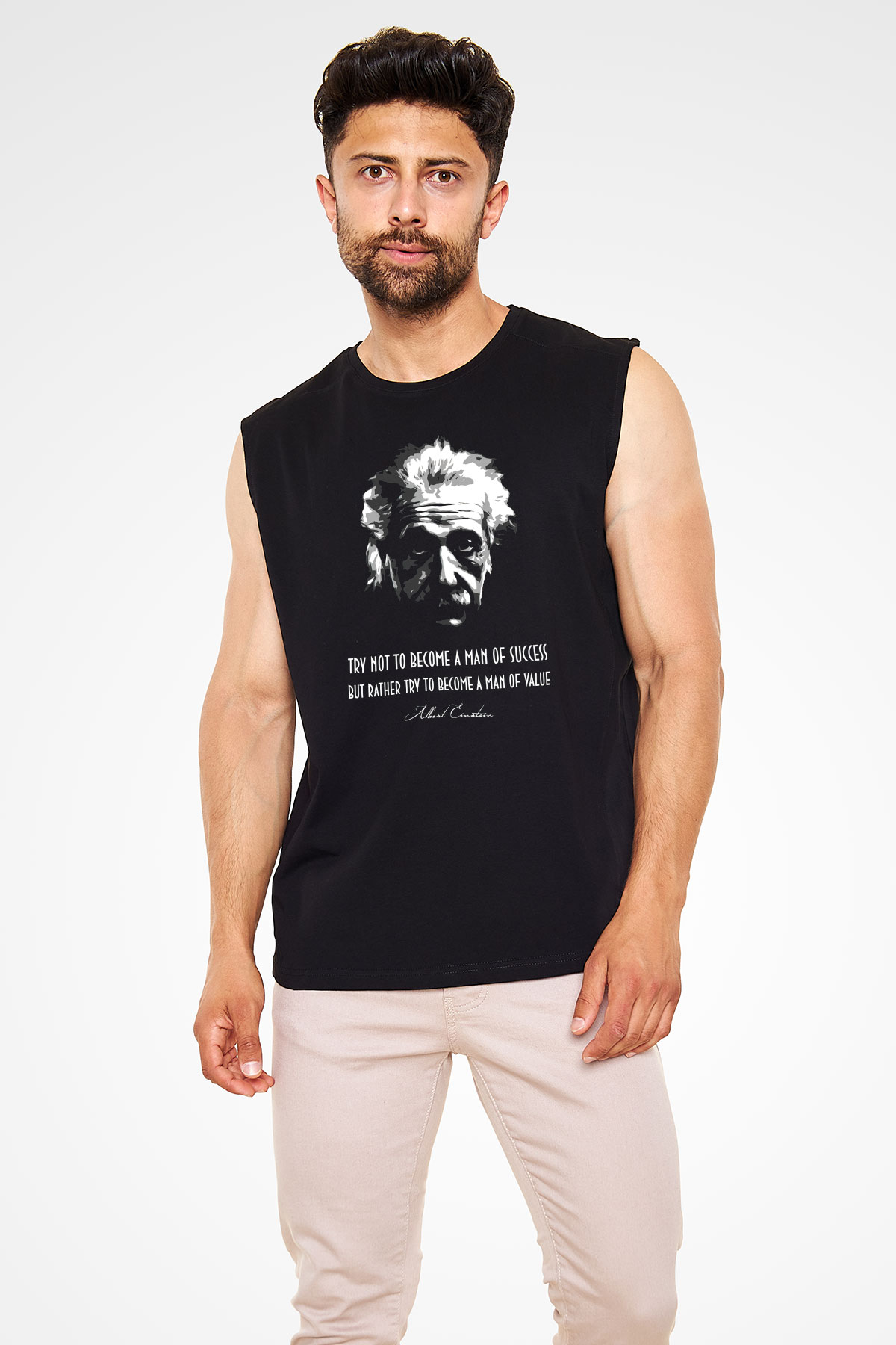 Albert Einstein Portre Lıntı Baskılı Unisex Kolsuz Siyah Tişört - Tshirt