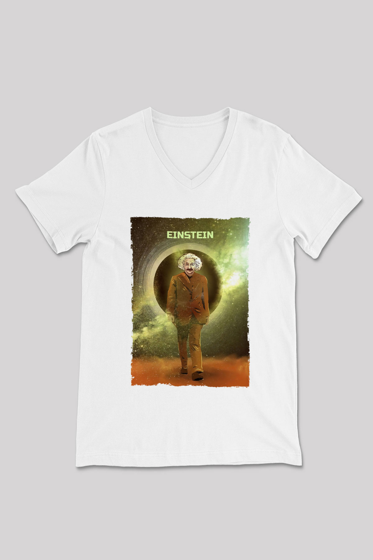 Albert Einstein Renkli Baskılı Unisex V Yaka Beyaz Tişört - Tshirt