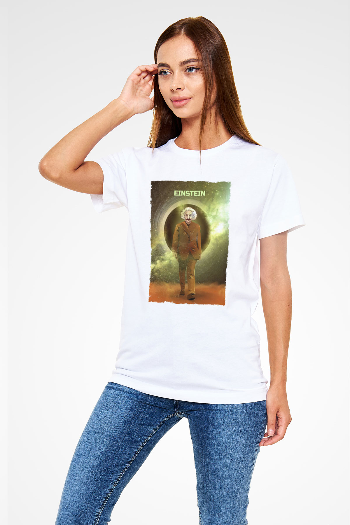 Albert Einstein Renkli Baskılı Unisex Beyaz Tişört - Tshirt