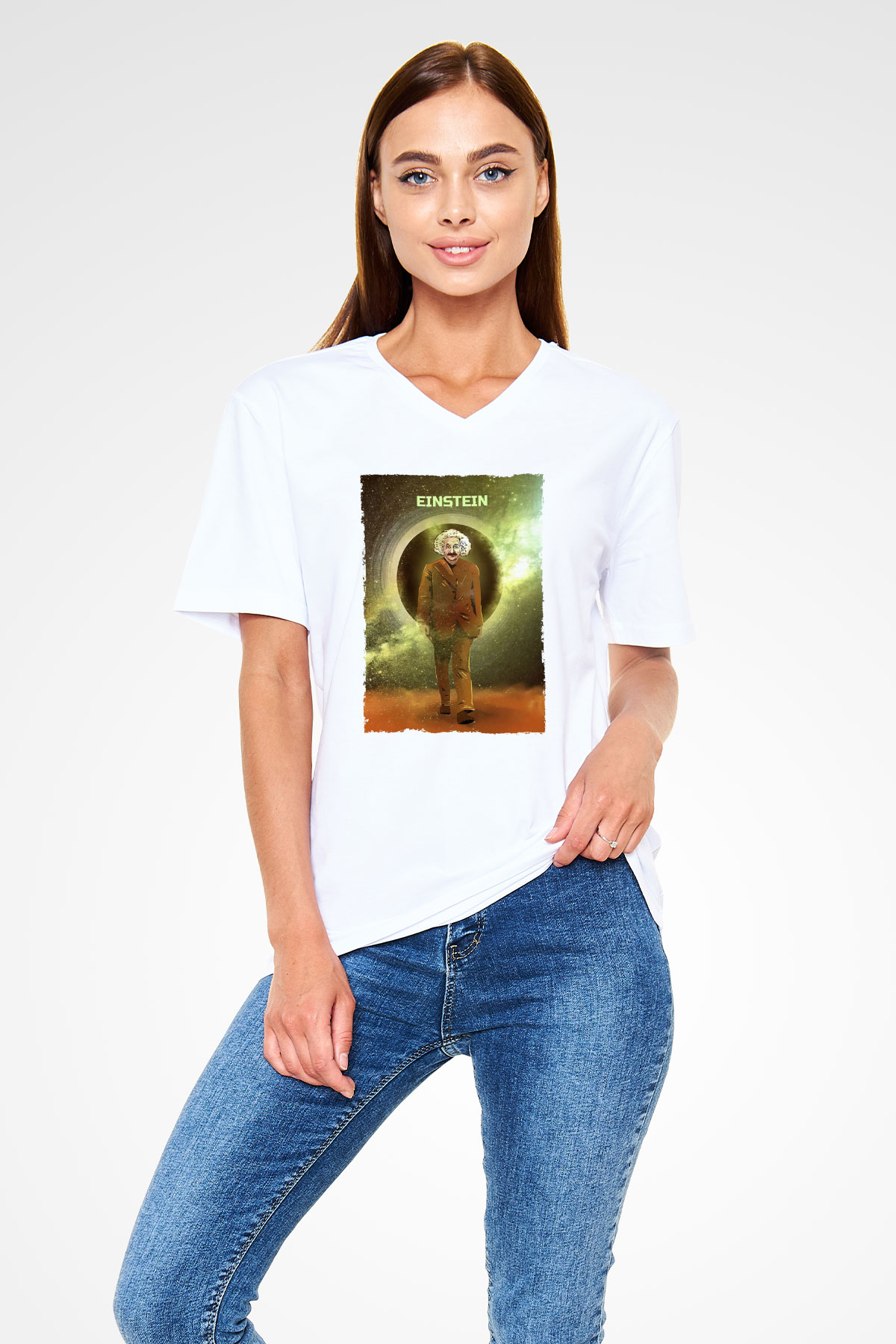 Albert Einstein Renkli Baskılı Unisex V Yaka Beyaz Tişört - Tshirt