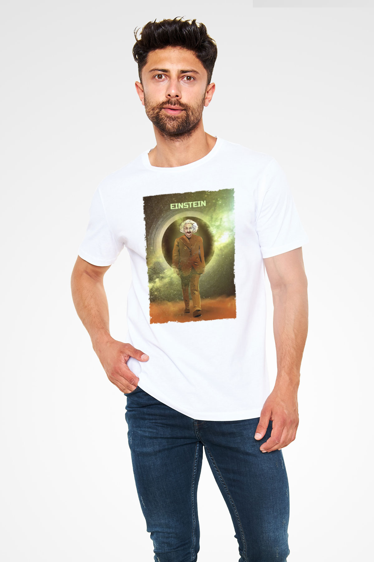 Albert Einstein Renkli Baskılı Unisex Beyaz Tişört - Tshirt