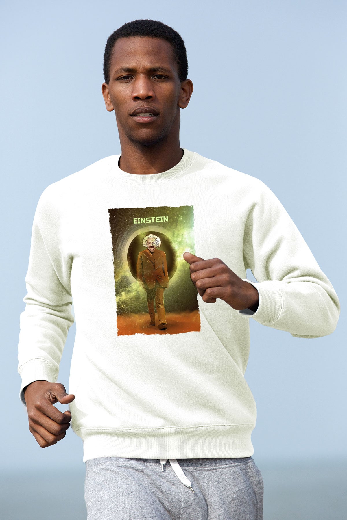 Albert Einstein Renkli Baskılı Unisex Ekru Sweatshirt