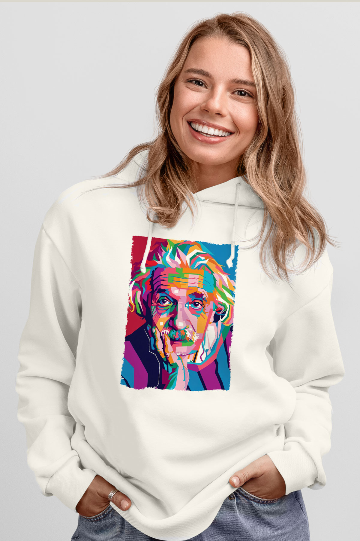 Albert Einstein Renkli Portre Baskılı Unisex Ekru Hoodie