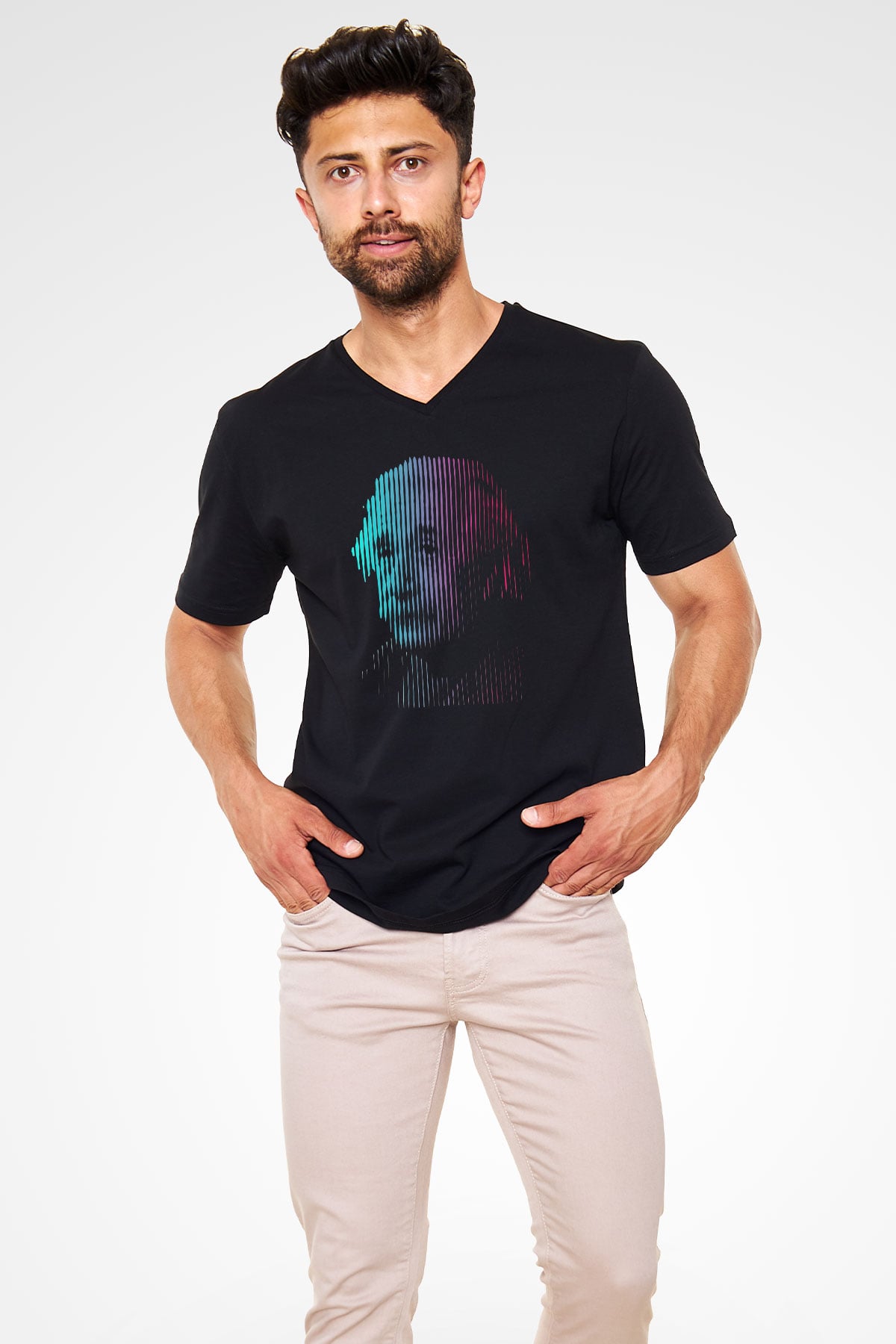 Albert Einstein Renkli Portre Baskılı Unisex V Yaka Siyah Tİşört - Tshirt