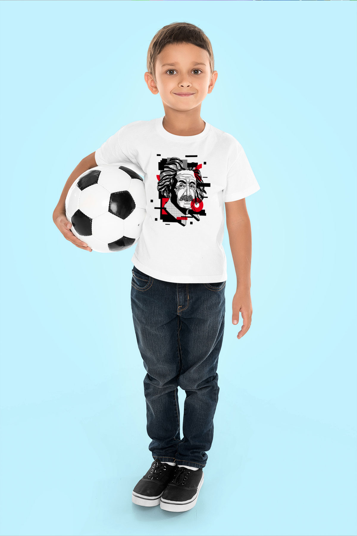 Albert Einstein Renkli Portre Baskılı Unisex Beyaz Çocuk Tişört
