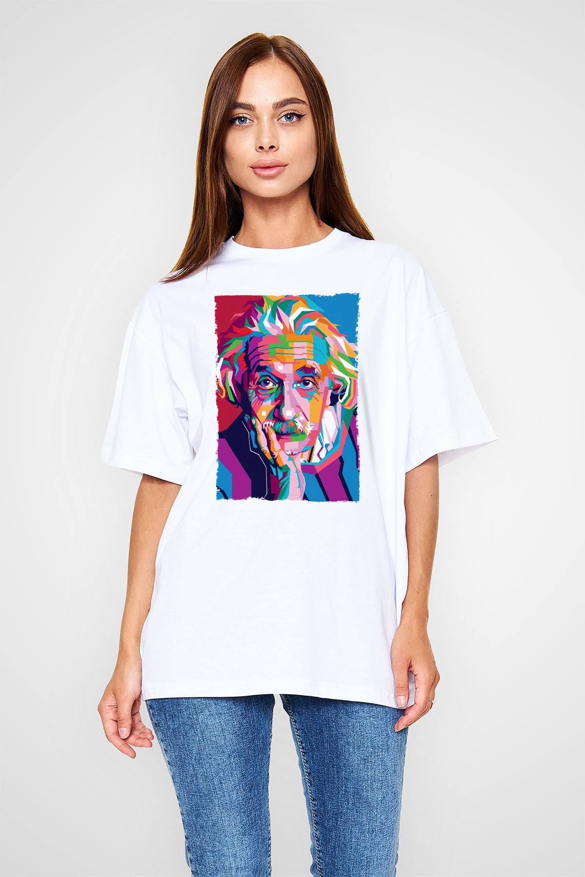 Albert Einstein Renkli Portre Baskılı Unisex Oversize Beyaz Tişört - Tshirt
