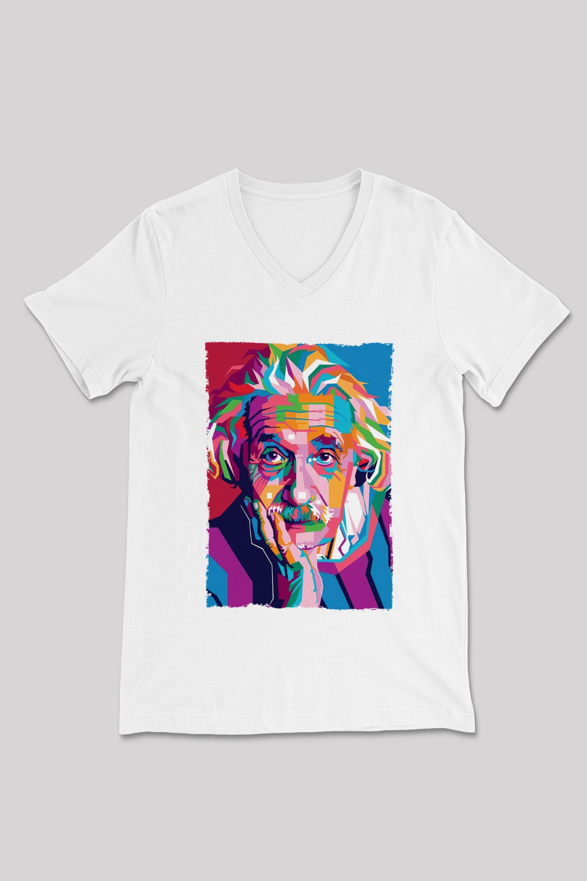 Albert Einstein Renkli Portre Baskılı Unisex V Yaka Beyaz Tişört - Tshirt