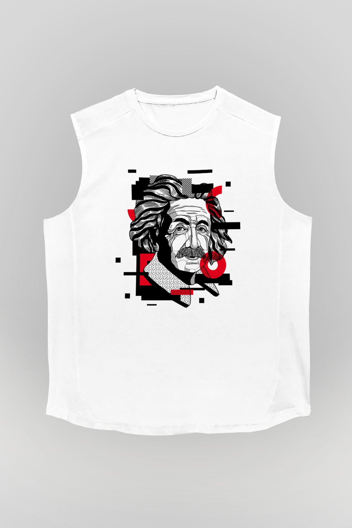 Albert Einstein Renkli Portre Baskılı Unisex Beyaz Kolsuz Tişört