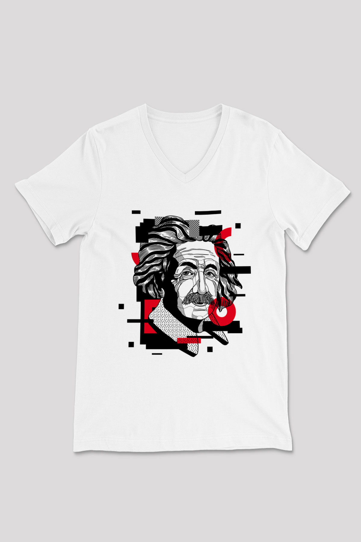 Albert Einstein Renkli Portre Baskılı Unisex Beyaz V Yaka Tişört