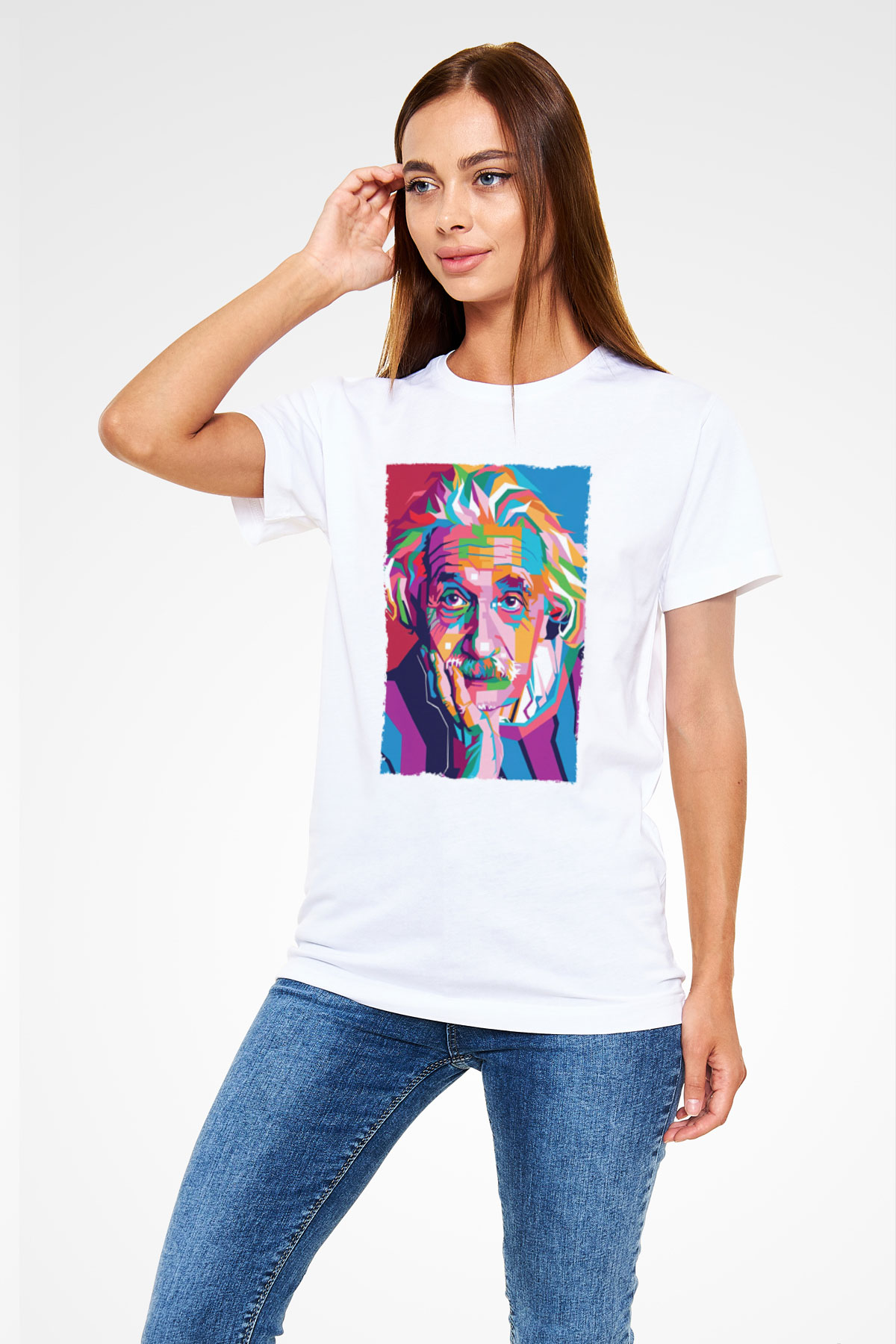 Albert Einstein Renkli Portre Baskılı Unisex Beyaz Tişört - Tshirt