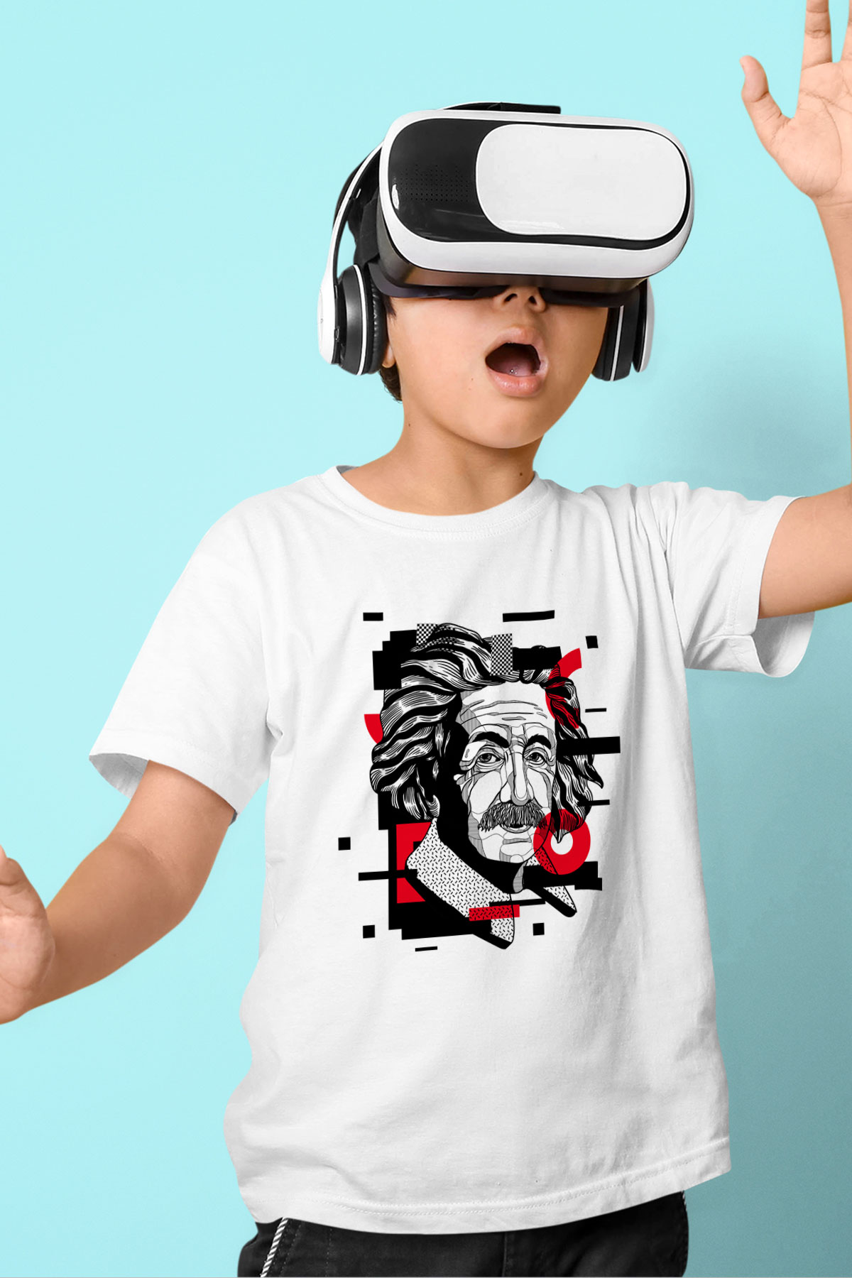 Albert Einstein Renkli Portre Baskılı Unisex Beyaz Çocuk Tişört