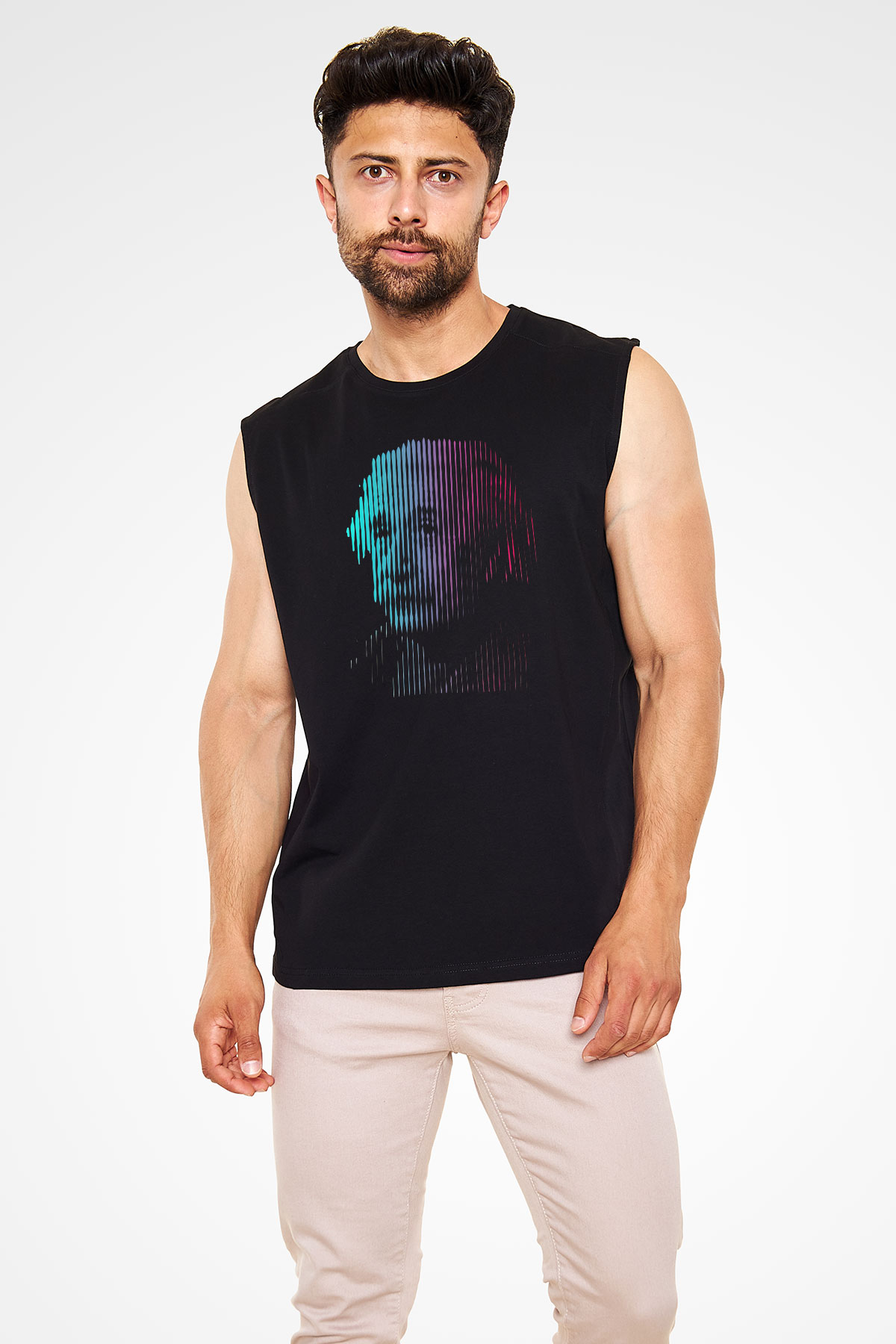 Albert Einstein Renkli Portre Baskılı Unisex Kolsuz Siyah Tişört - Tshirt