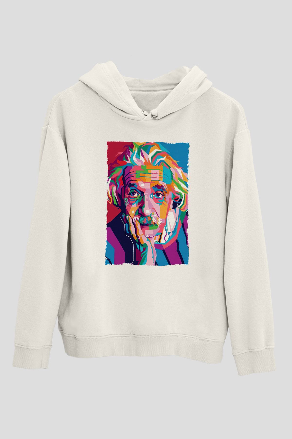 Albert Einstein Renkli Portre Baskılı Unisex Ekru Hoodie