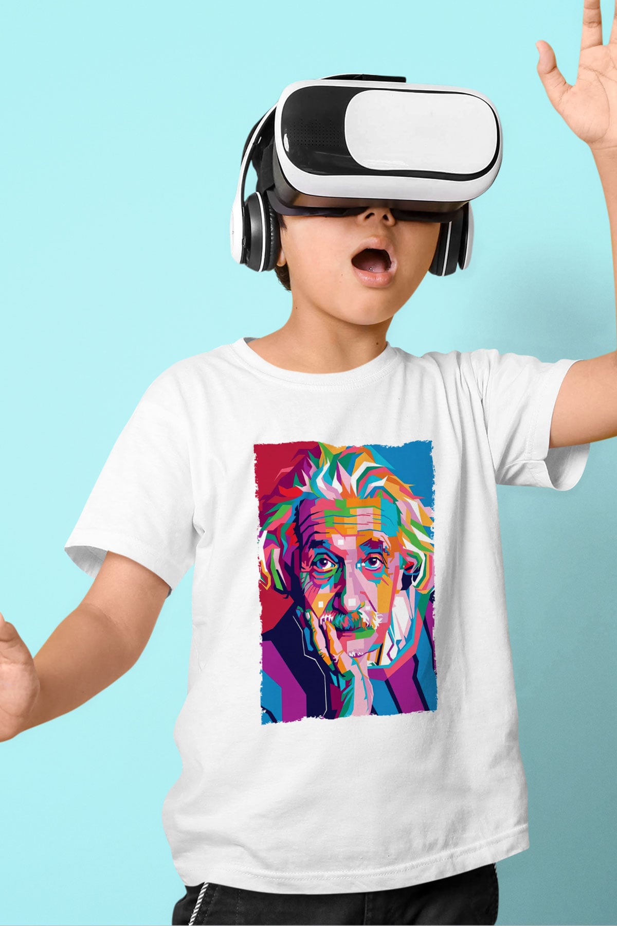 Albert Einstein Renkli Portre Baskılı Unisex Beyaz Çocuk Tişörtü - Tshirt