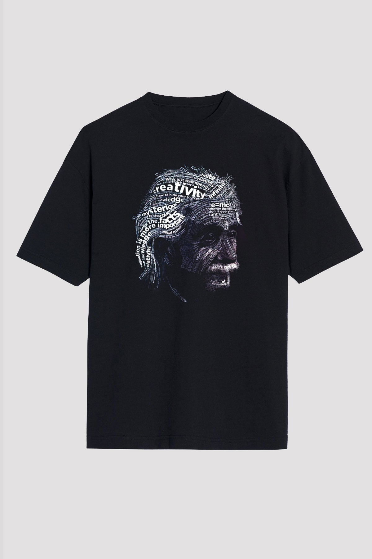 Albert Einstein Sanatsal Portre Baskılı Unisex Siyah Oversize Tişört