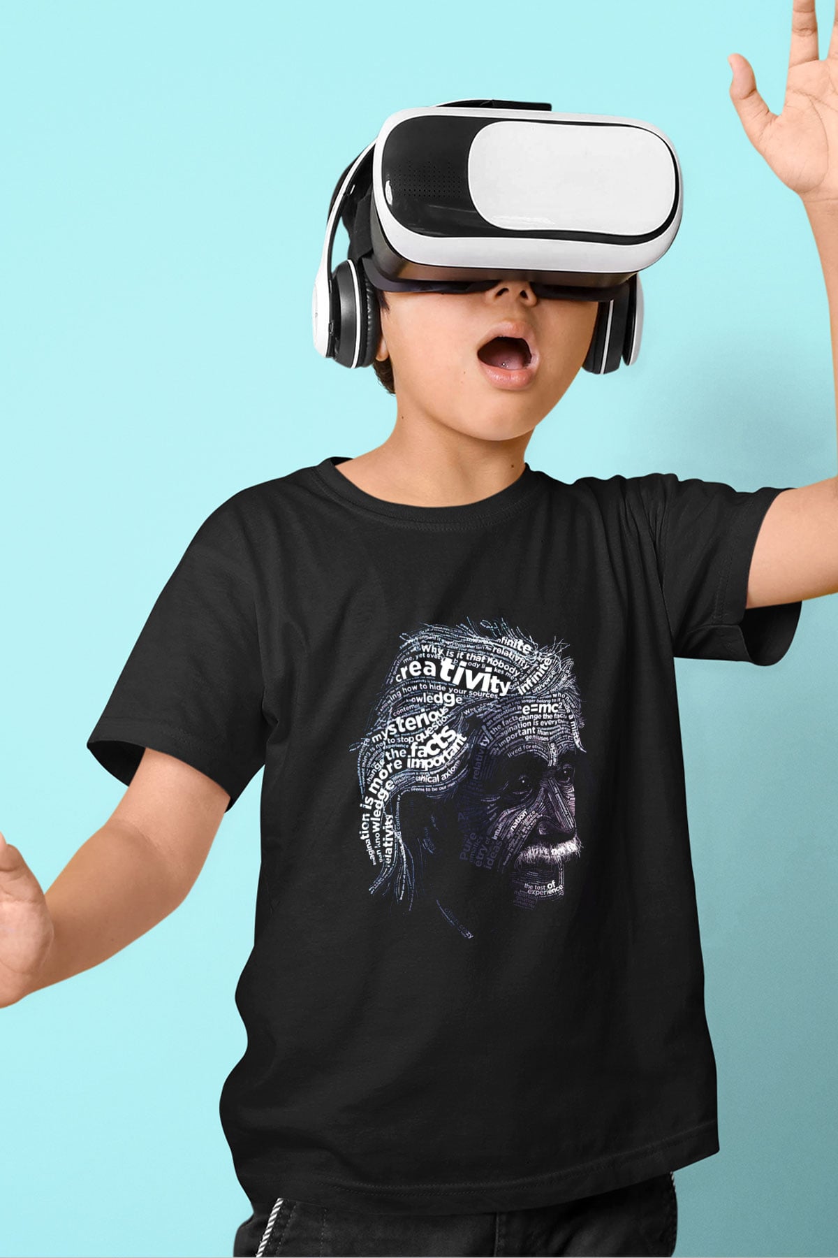 Albert Einstein Sanatsal Portre Baskılı Unisex Siyah Çocuk Tişört