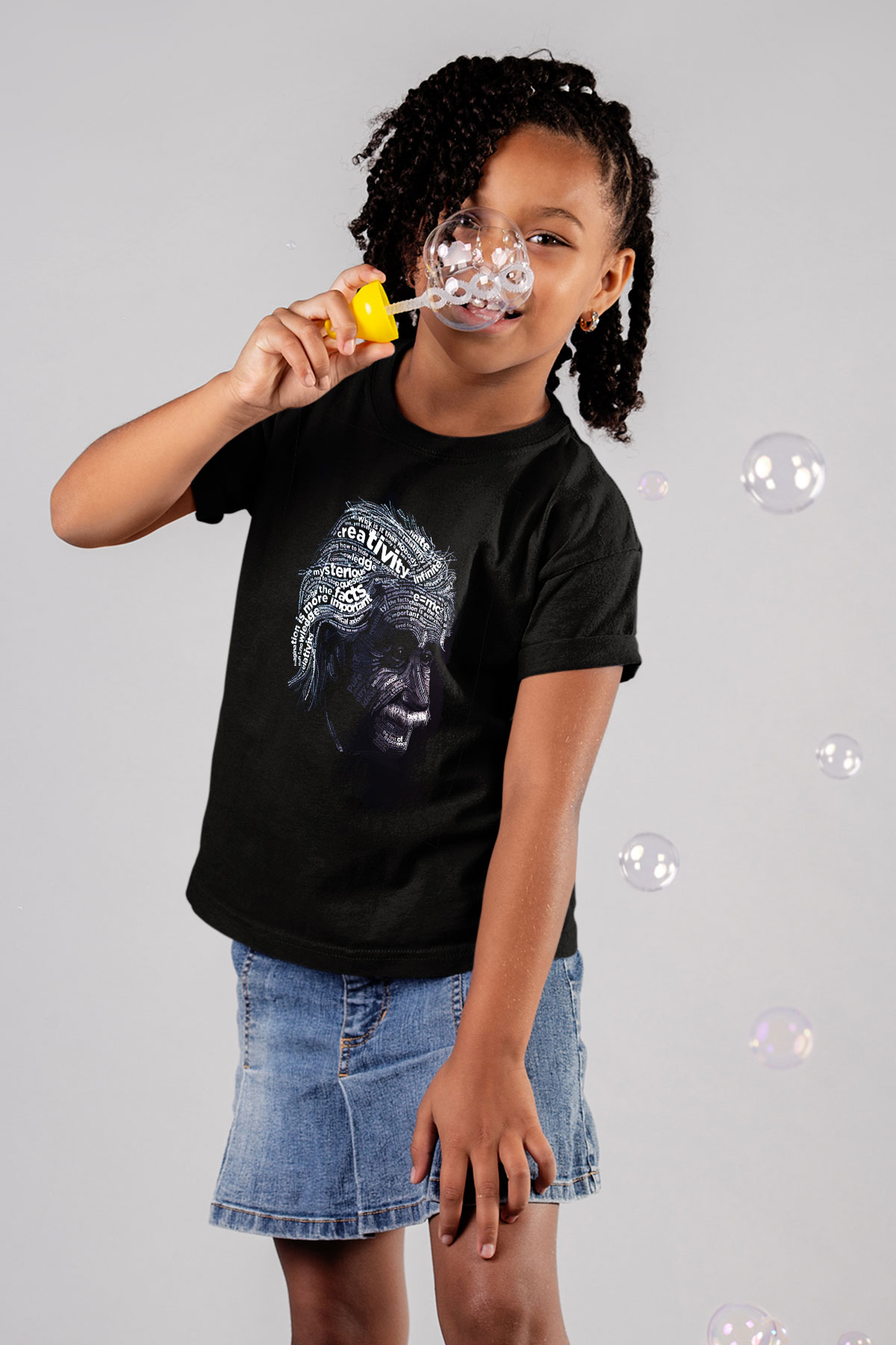 Albert Einstein Sanatsal Portre Baskılı Unisex Siyah Çocuk Tişört