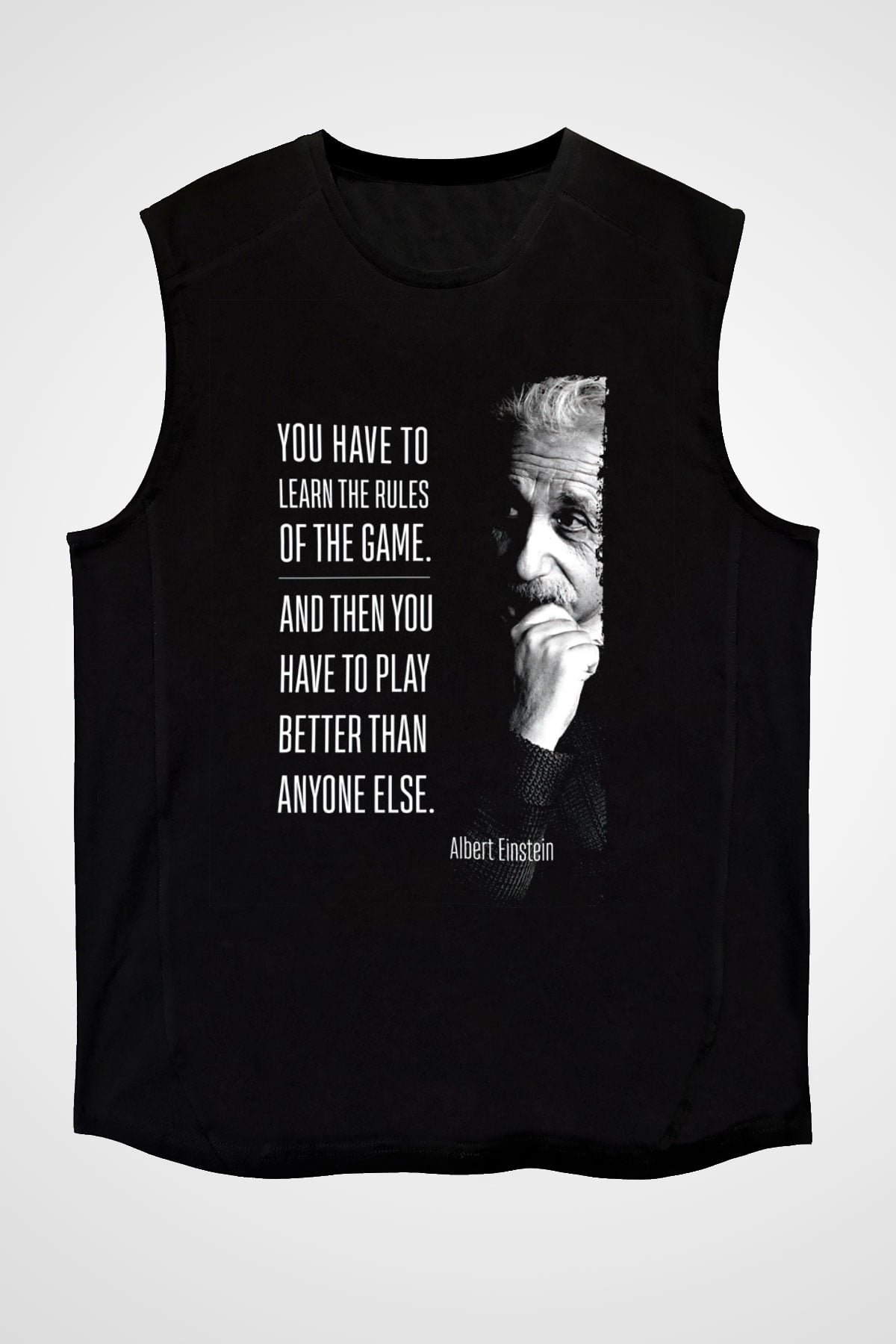 Albert Einstein Sözü Baskılı Unisex Kolsuz Siyah Tişört - Tshirt