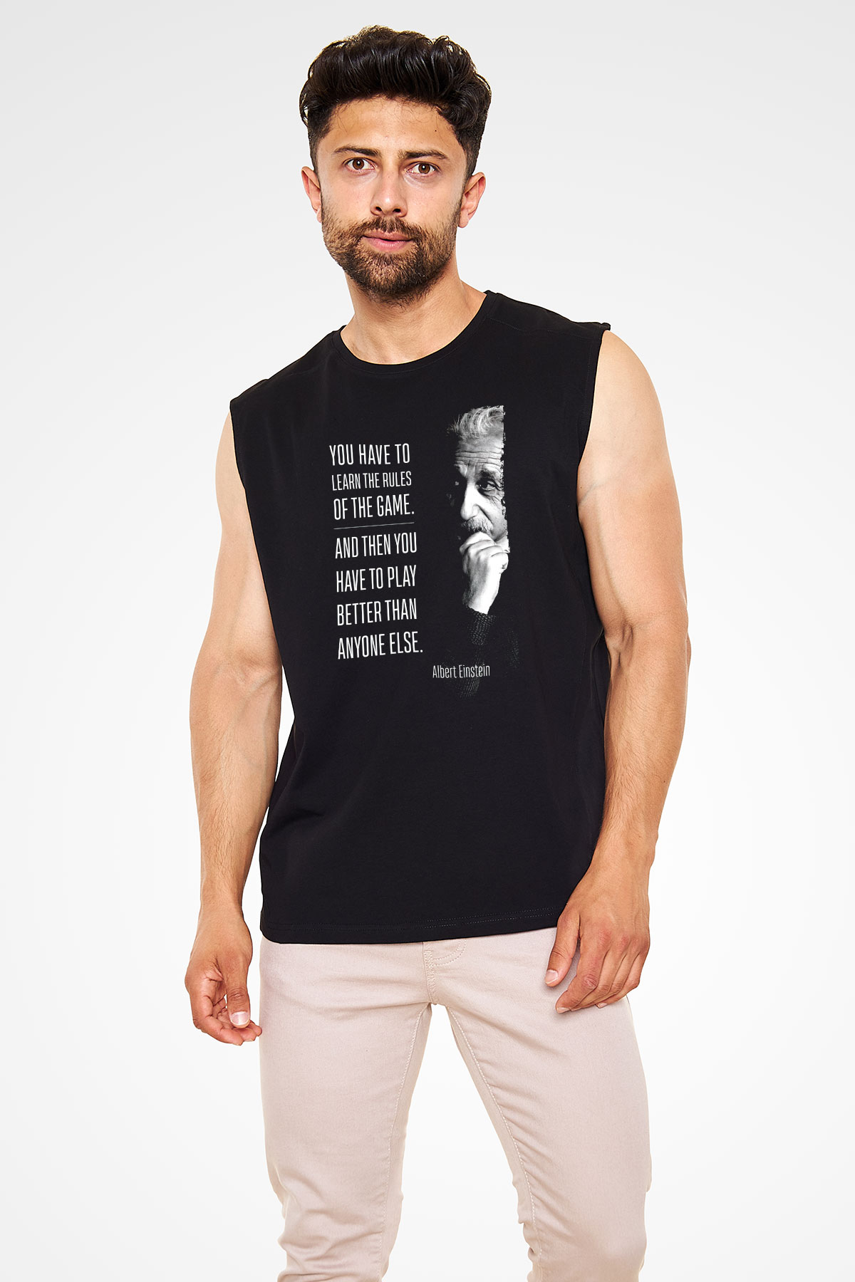 Albert Einstein Sözü Baskılı Unisex Kolsuz Siyah Tişört - Tshirt