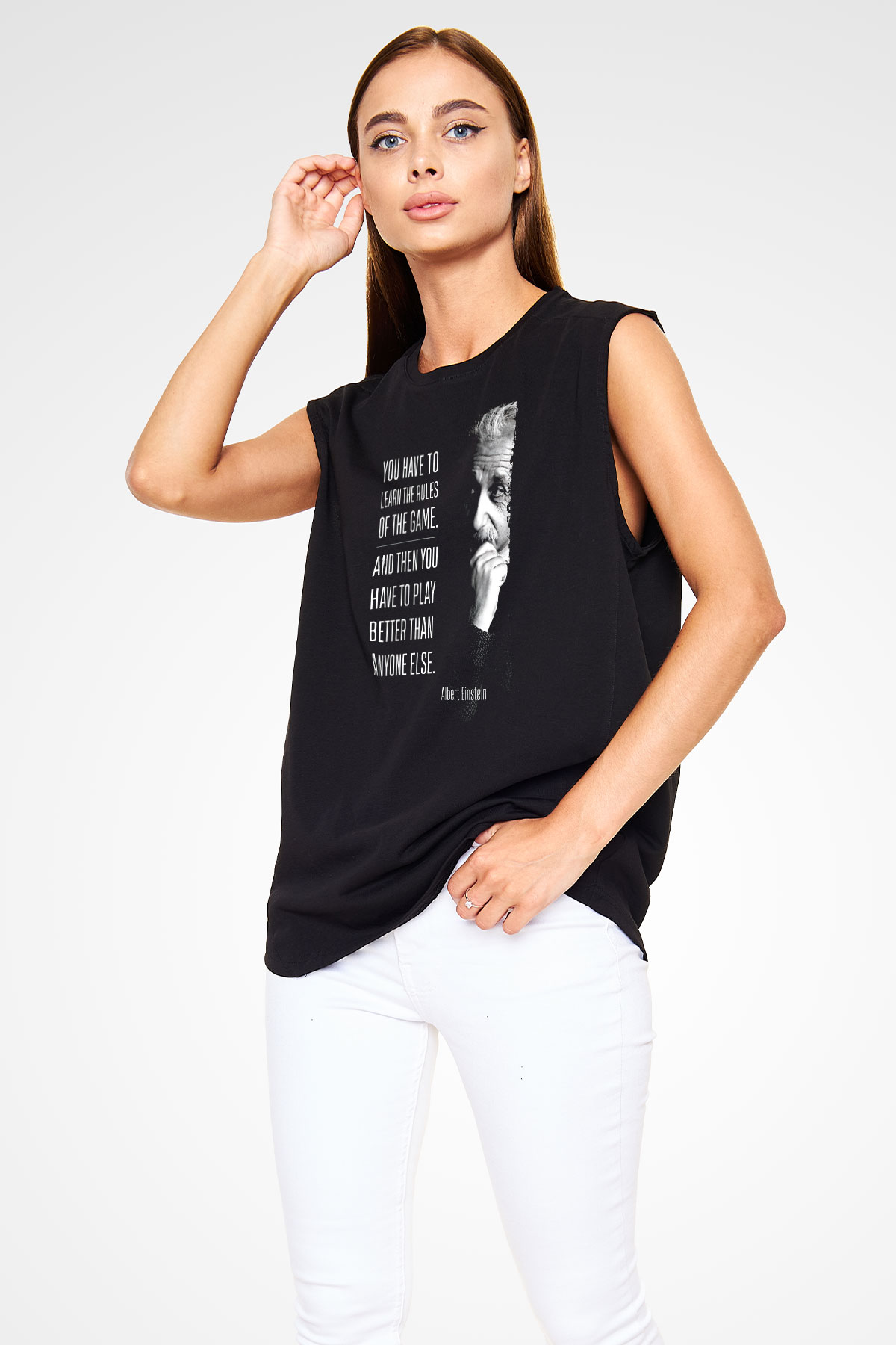 Albert Einstein Sözü Baskılı Unisex Kolsuz Siyah Tişört - Tshirt