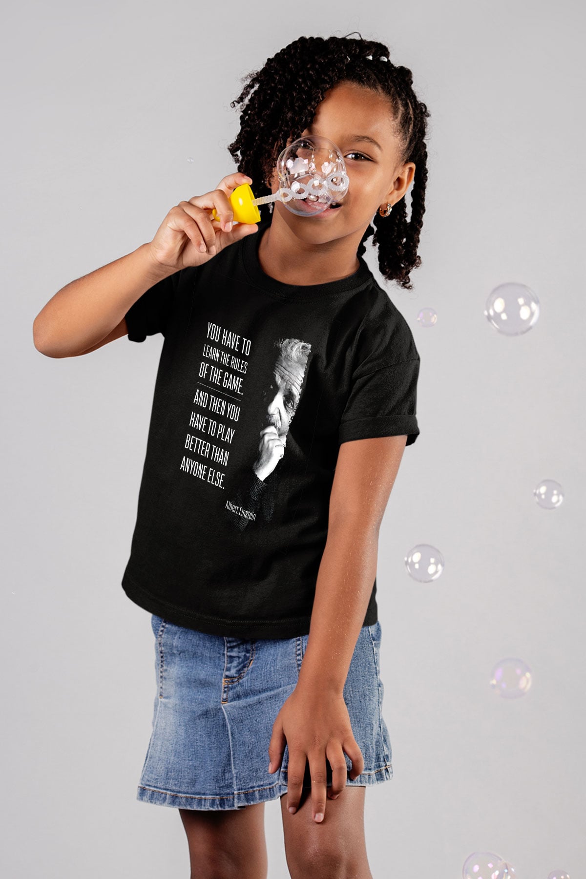 Albert Einstein Sözü Baskılı Unisex Siyah Çocuk Tişörtü - Tshirt