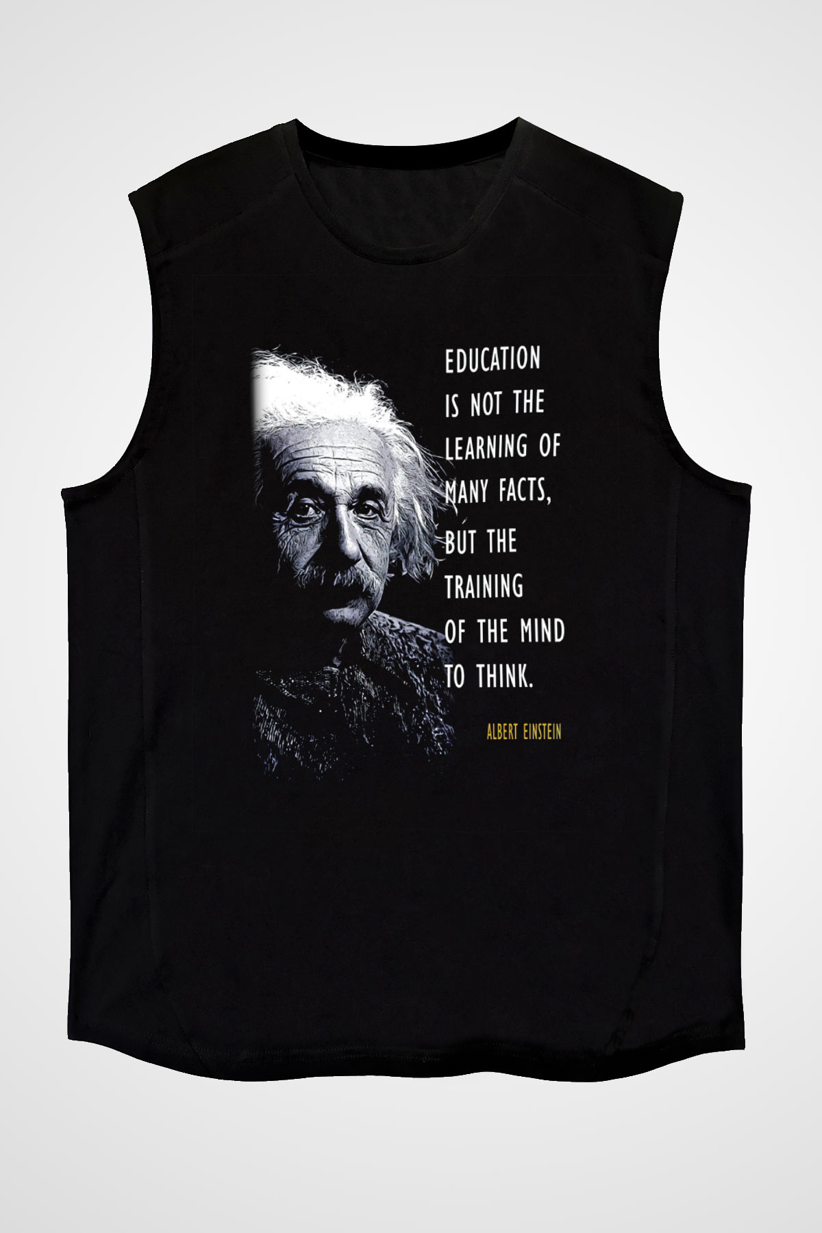Albert Einstein Sözü Portre Baskılı Unisex Kolsuz Siyah Tişört - Tshirt