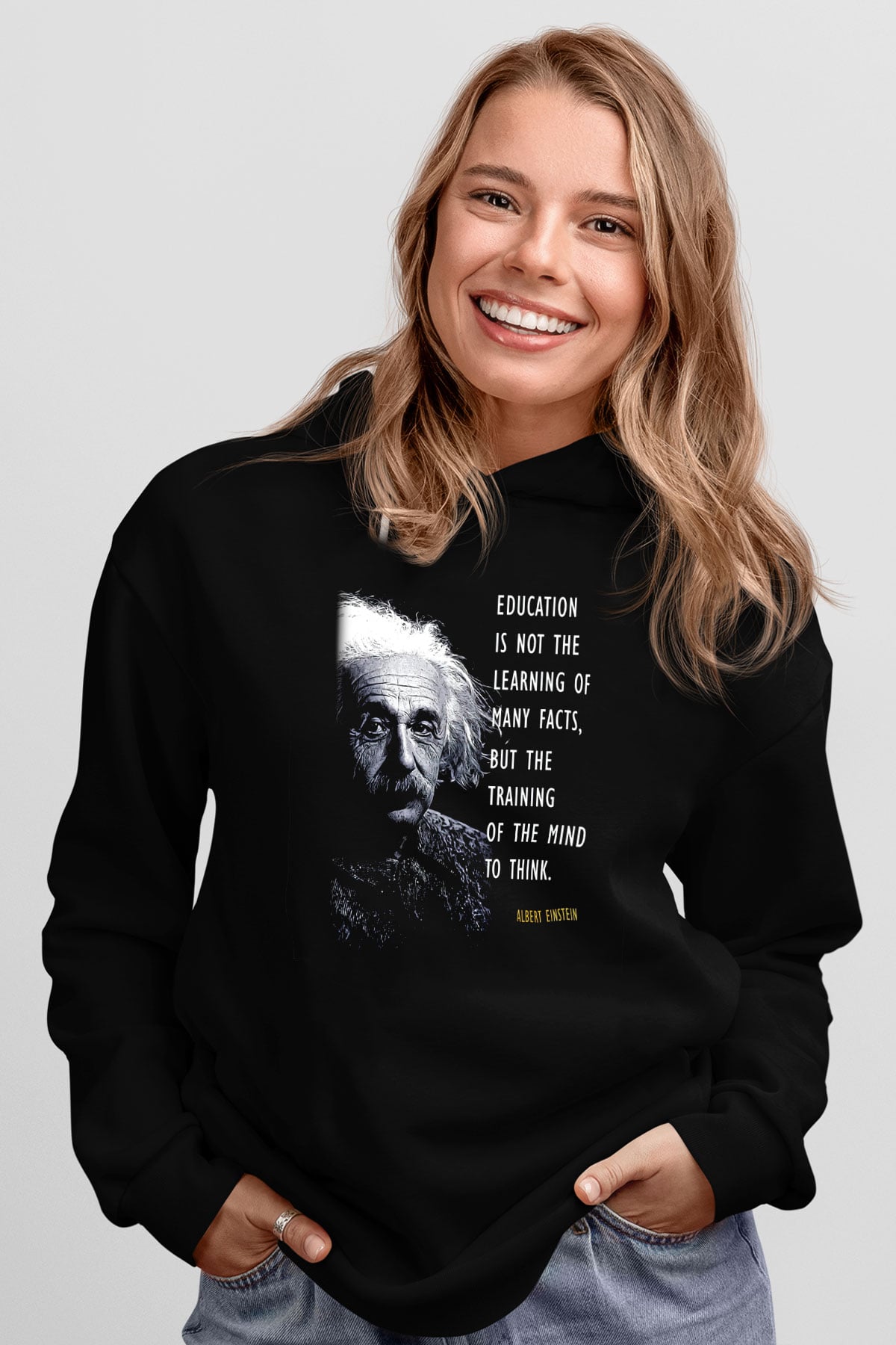 Albert Einstein Sözü Portre Baskılı Unisex Siyah Hoodie