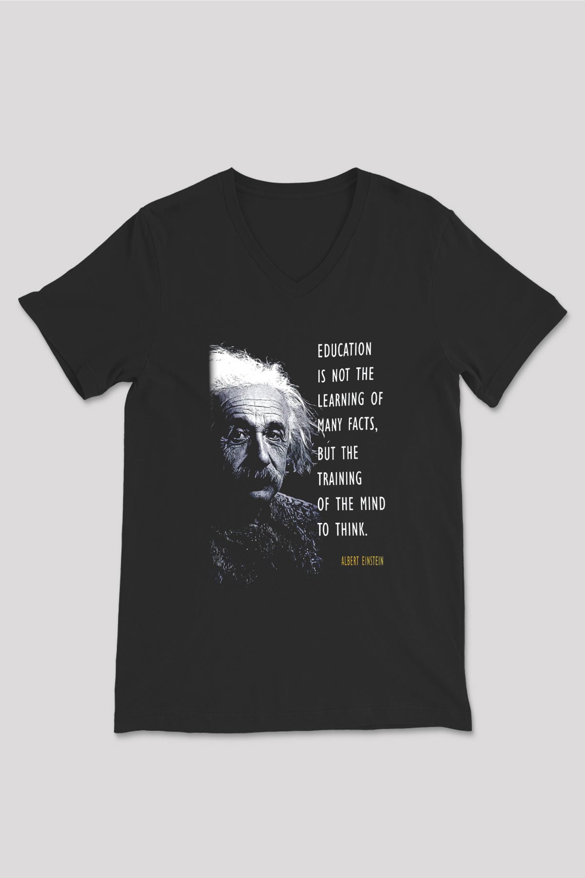 Albert Einstein Sözü Portre Baskılı Unisex V Yaka Siyah Tİşört - Tshirt