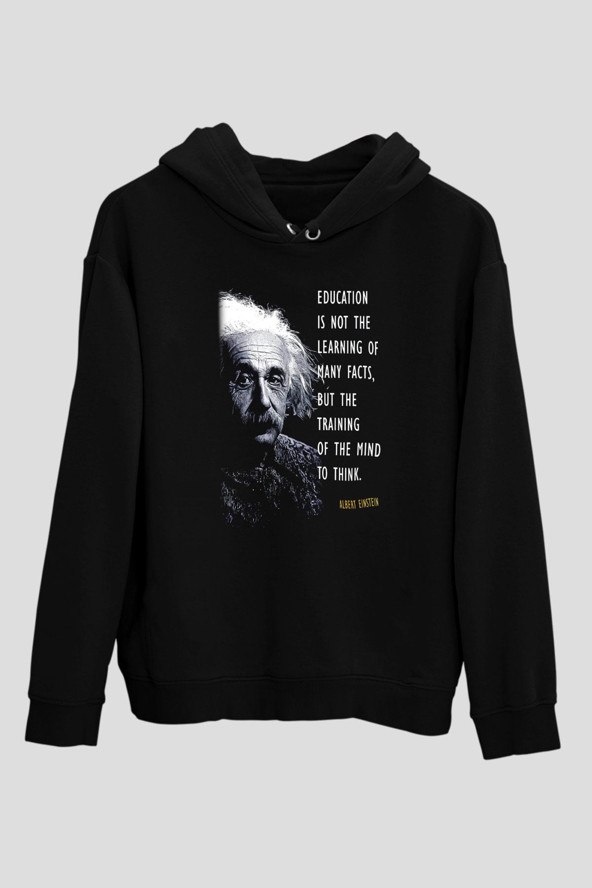 Albert Einstein Sözü Portre Baskılı Unisex Siyah Hoodie