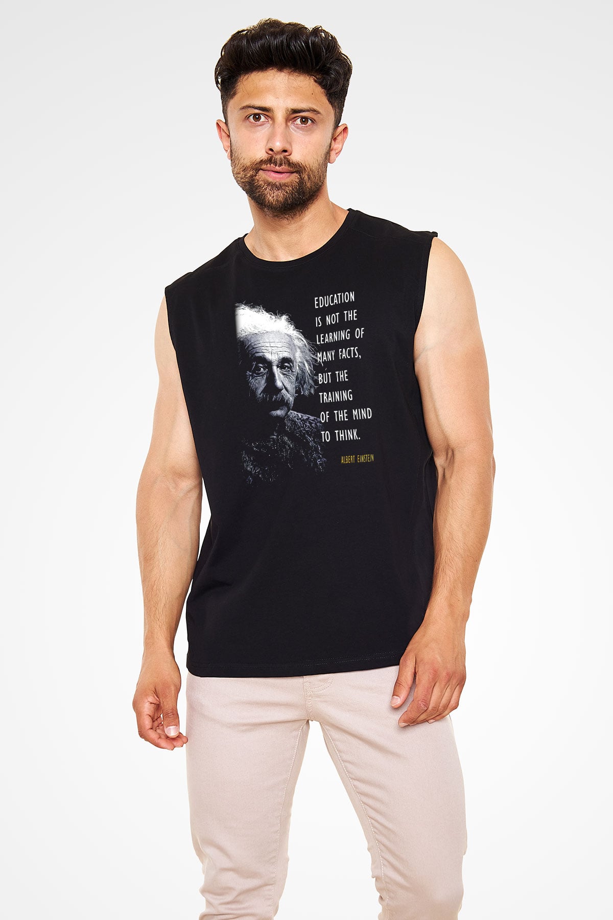 Albert Einstein Sözü Portre Baskılı Unisex Kolsuz Siyah Tişört - Tshirt