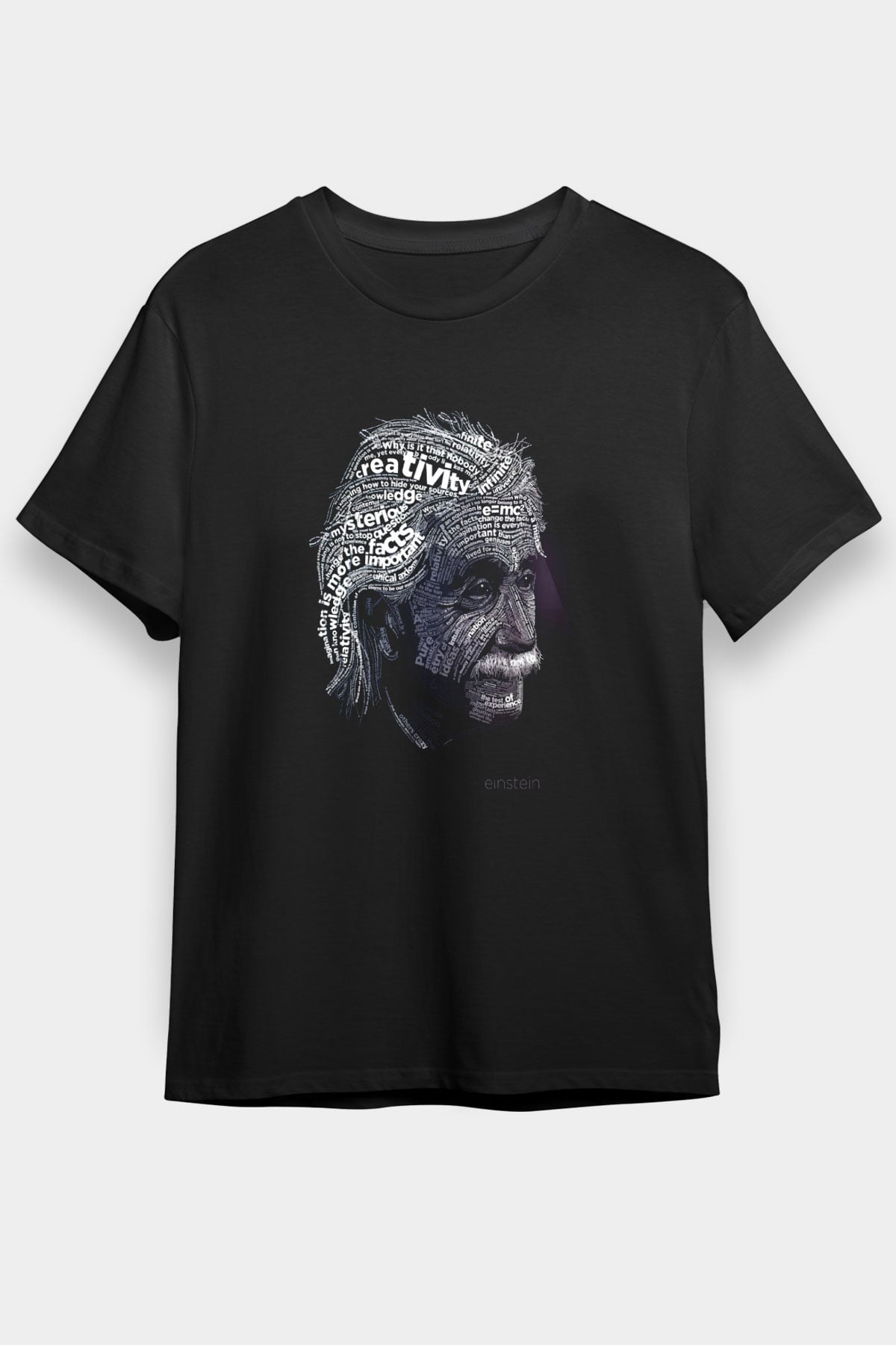 Albert Einstein Tipografi Baskılı Unisex Siyah Tişört - Tshirt