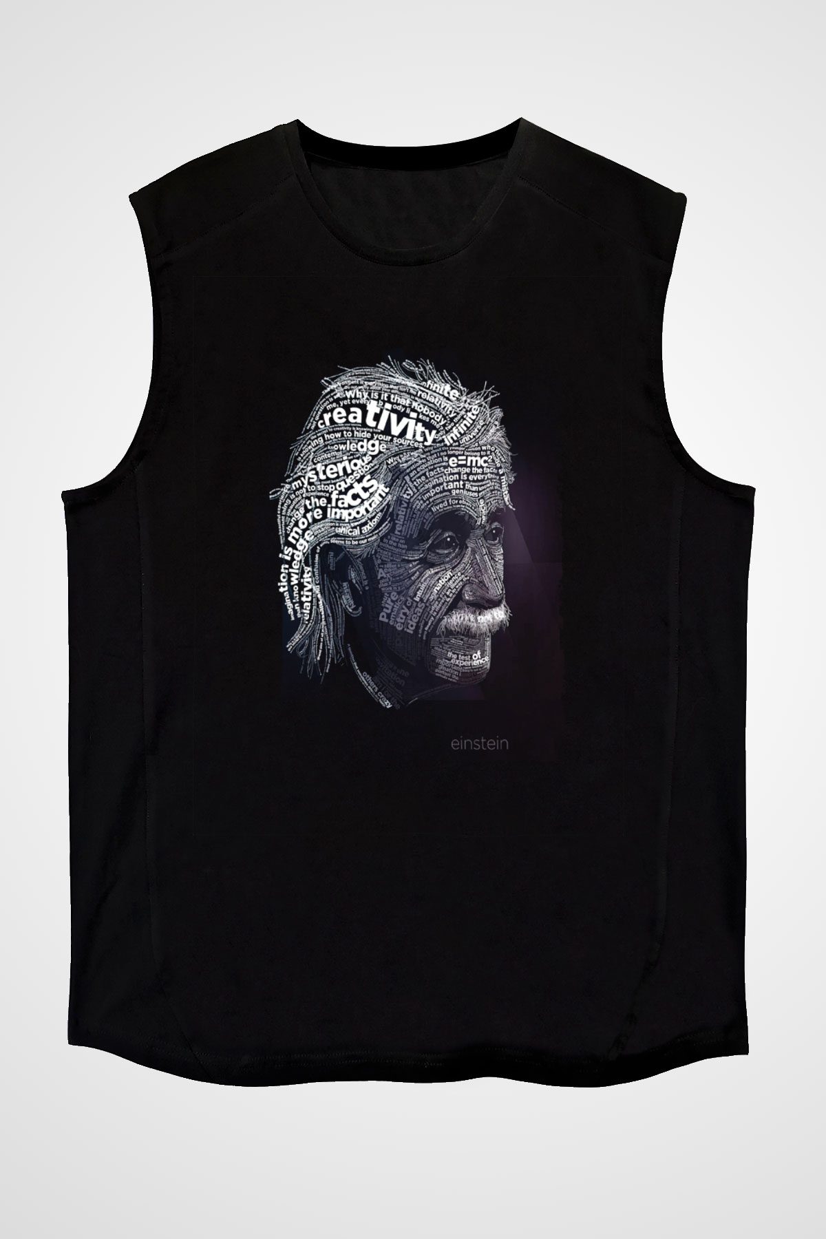Albert Einstein Tipografi Baskılı Unisex Kolsuz Siyah Tişört - Tshirt