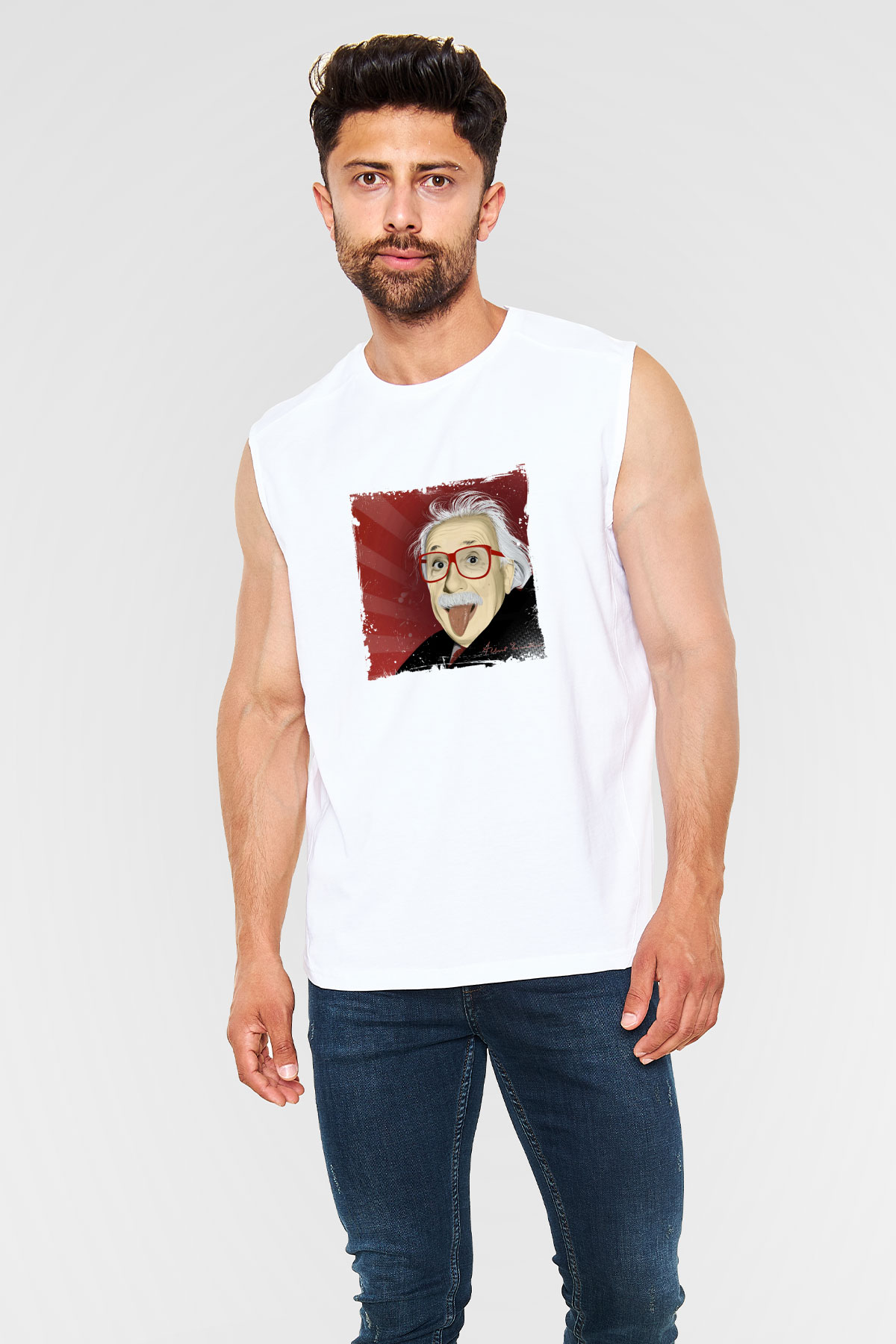Albert Einstein Unisex Baskılı Beyaz Kolsuz Tişört