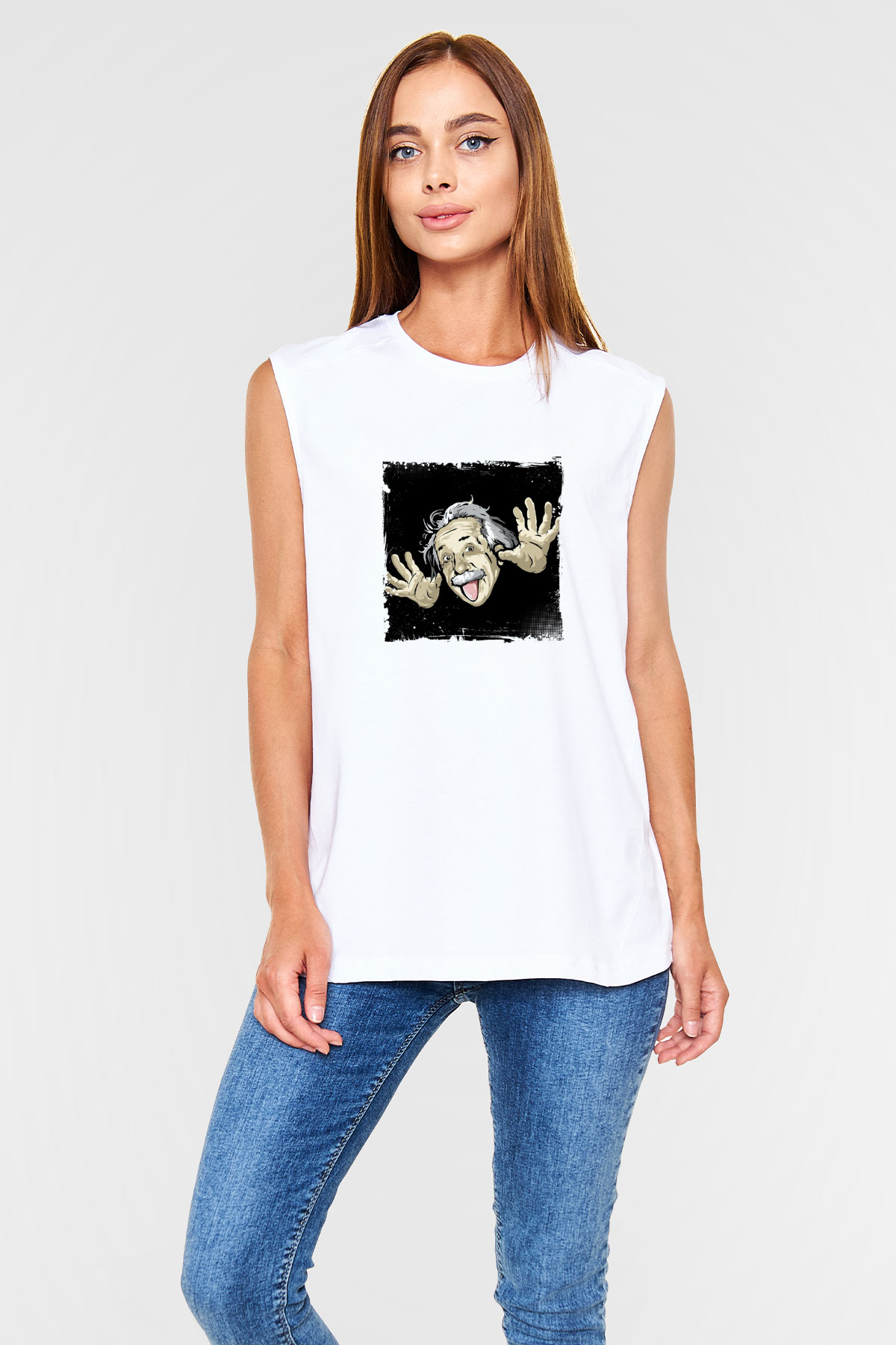 Albert Einstein Unisex Baskılı Beyaz Kolsuz Tişört