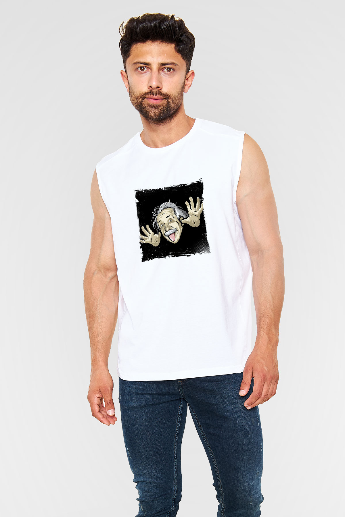 Albert Einstein Unisex Baskılı Beyaz Kolsuz Tişört