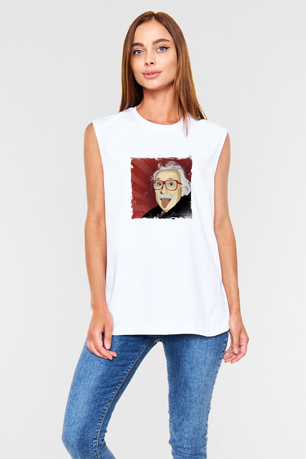 Albert Einstein Unisex Baskılı Beyaz Kolsuz Tişört