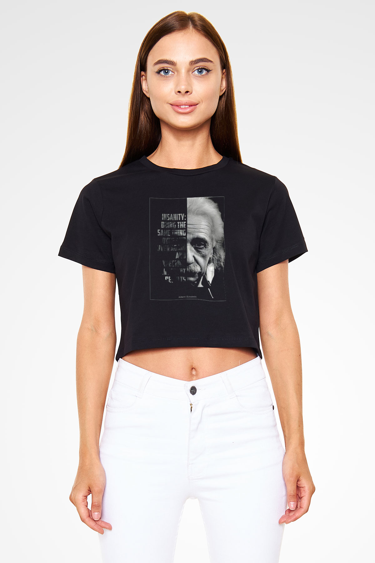 Albert Einstein Yarı Portre Baskılı Crop Top Kadın Tİşört - Tshirt